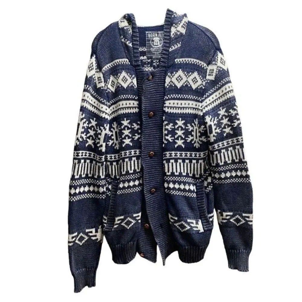 Born fly men’s anytime hooded blue and white cardigan sweater S/M